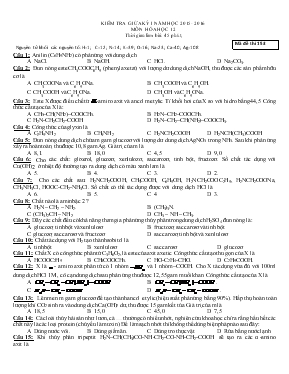 Kiểm tra giữa kỳ I năm học 2015 - 2016 môn hóa học 12 thời gian làm bài 45 phút
